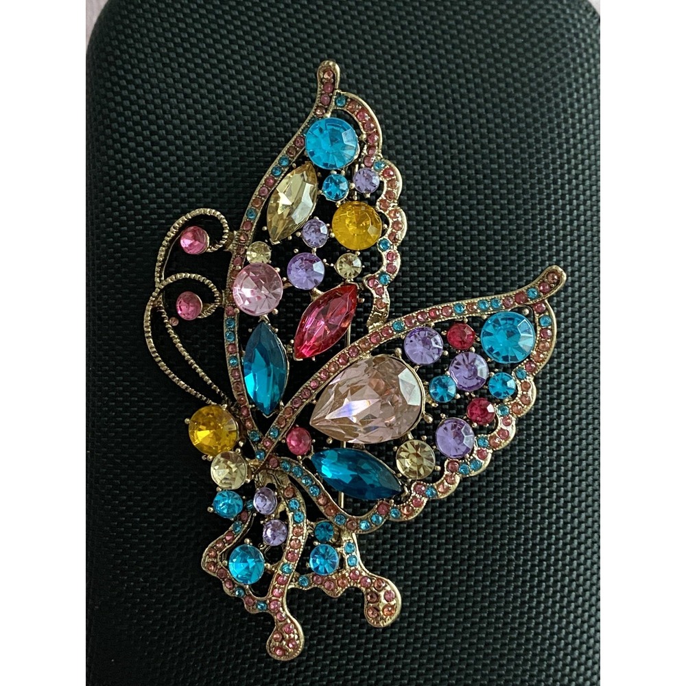 Butterfly Brooch Rhinestone GoldTone Multicolor Crystals Large Openwork  3 5/8"